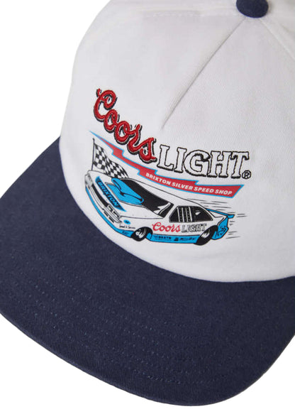 Cap with Coors Light logo and race car design on a white and navy background