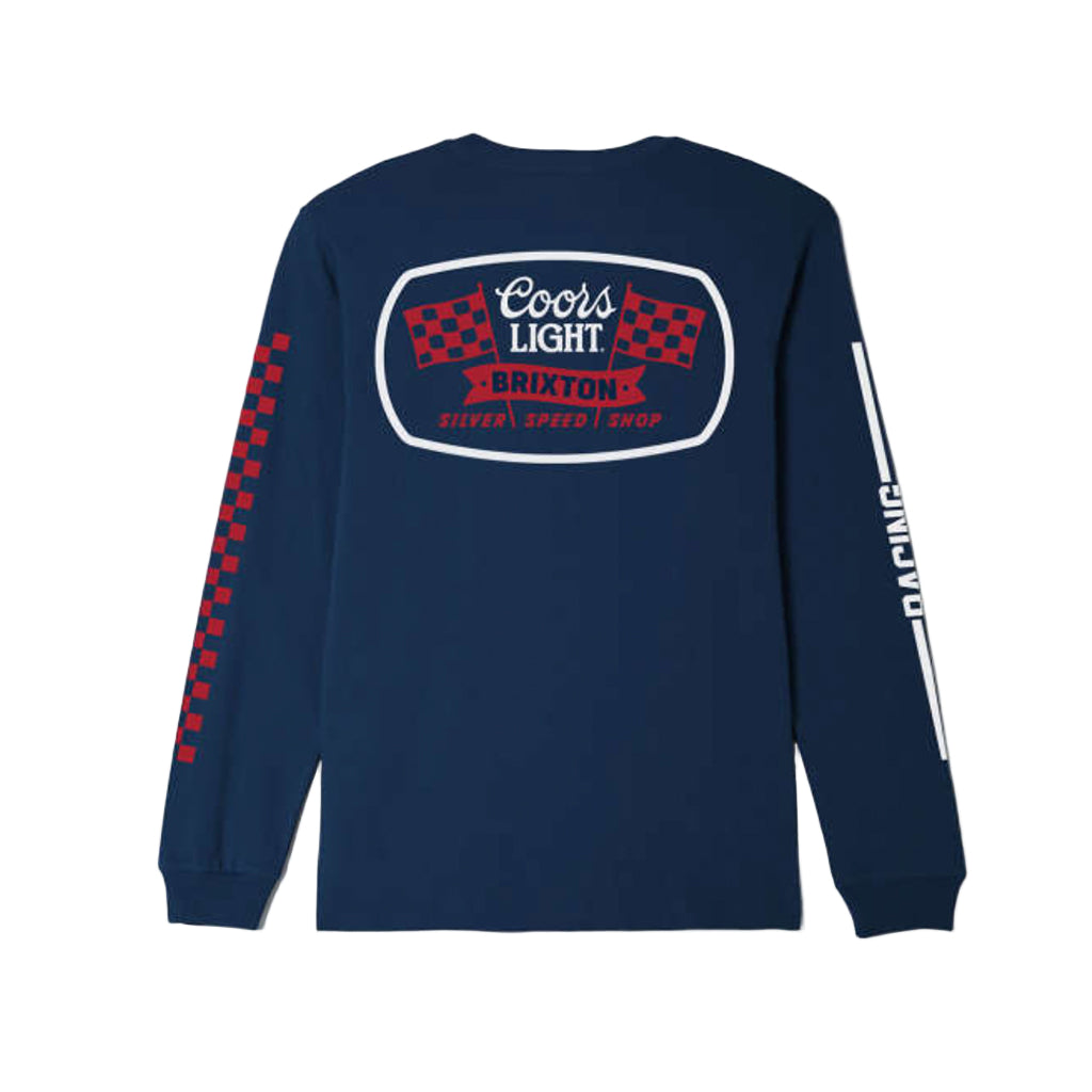 Navy blue long-sleeve shirt with Coors Light and Brixton branding on a white background