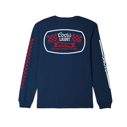 Navy blue long-sleeve shirt with Coors Light and Brixton branding on a white background