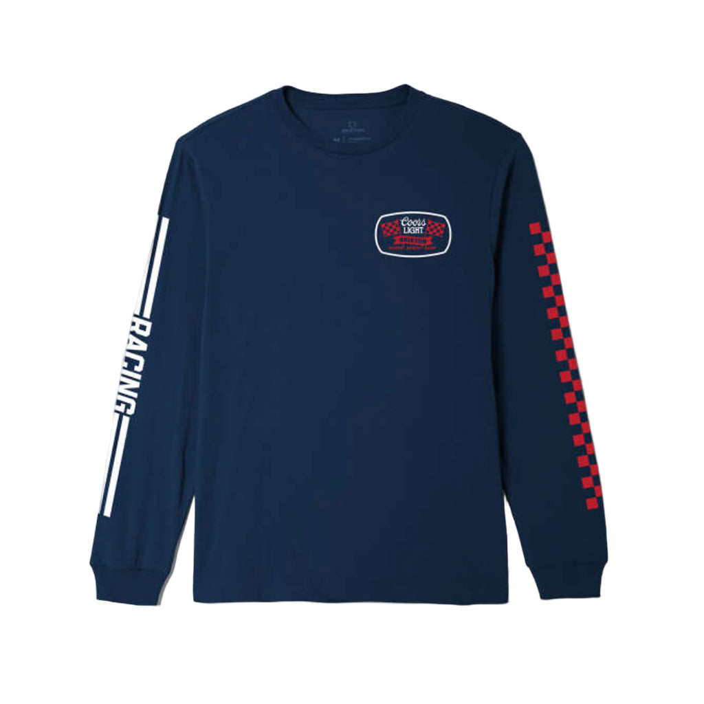 Navy long-sleeve shirt with racing-themed design on a white background