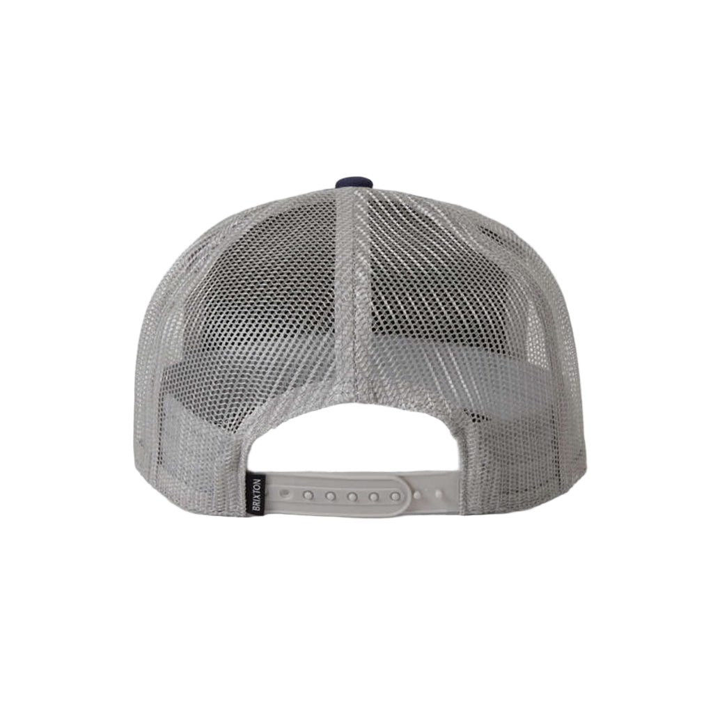Gray mesh cap with a brand logo on a white background