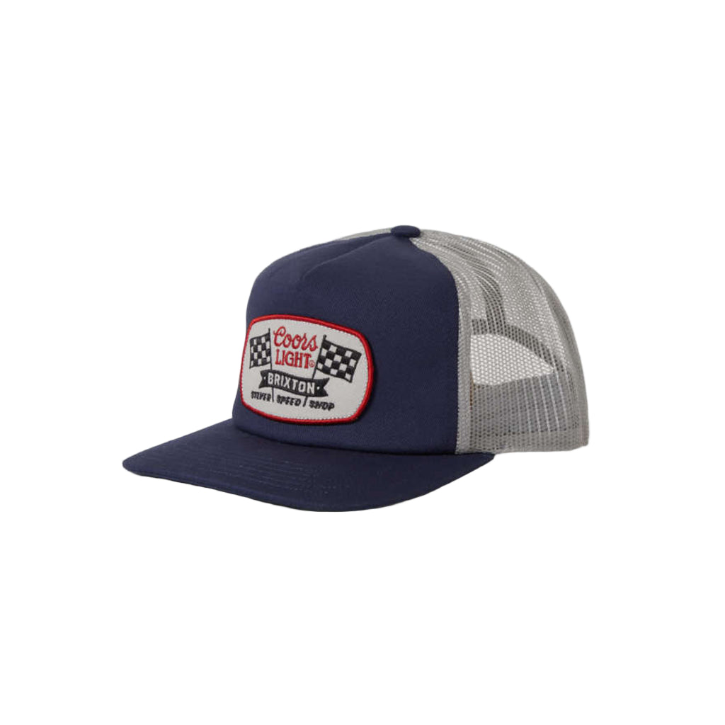 Navy blue and gray trucker cap with a Coors Light logo patch on a white background