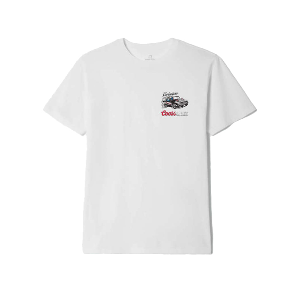 White t-shirt with a graphic design on a white background