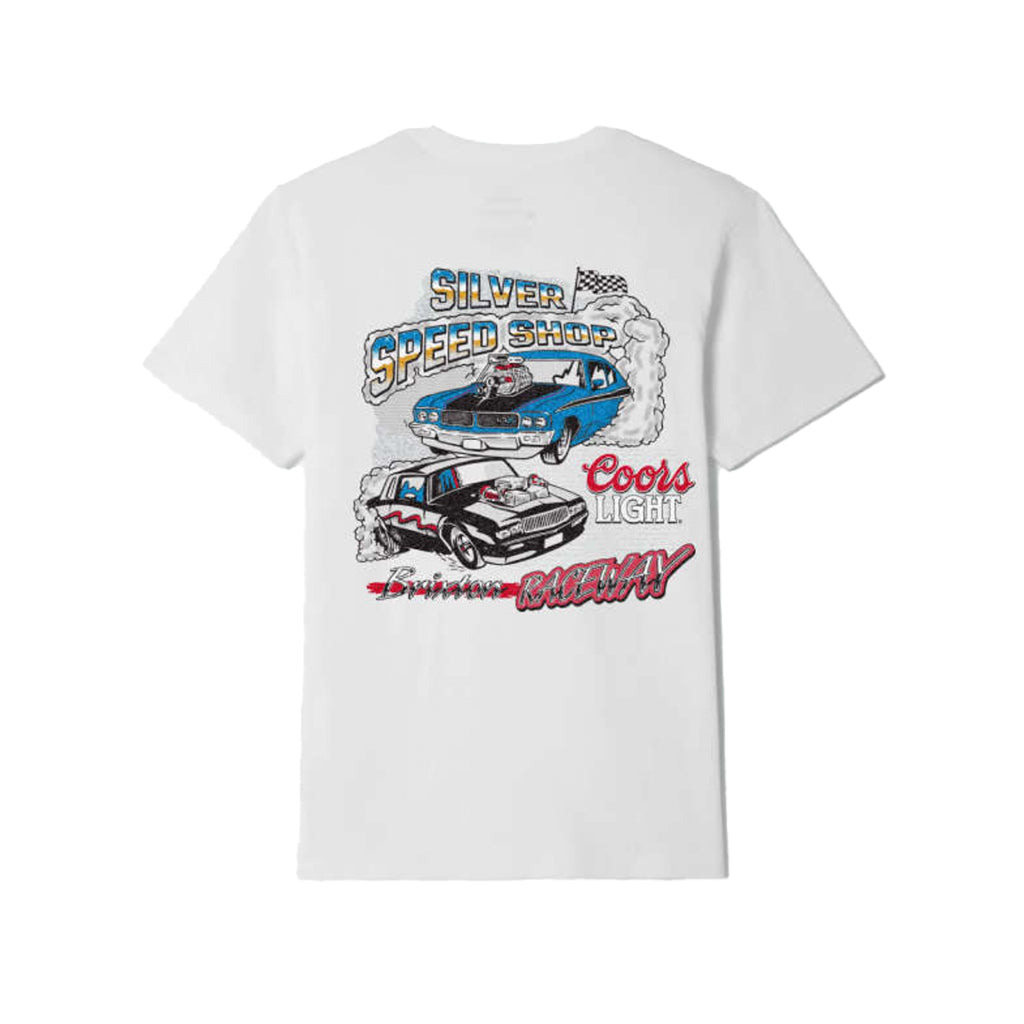White t-shirt with graphic design of cars and text on a white background