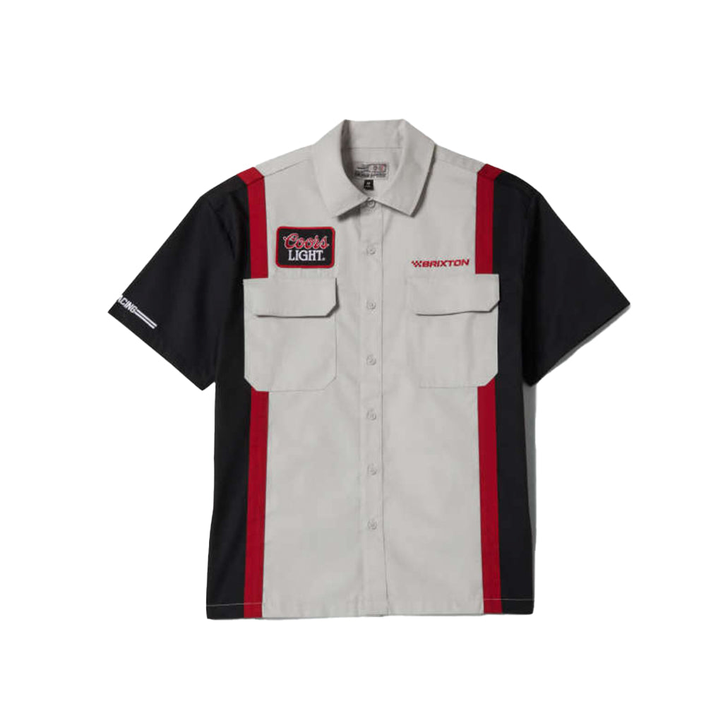 Short-sleeve work shirt with red and black accents on a white background