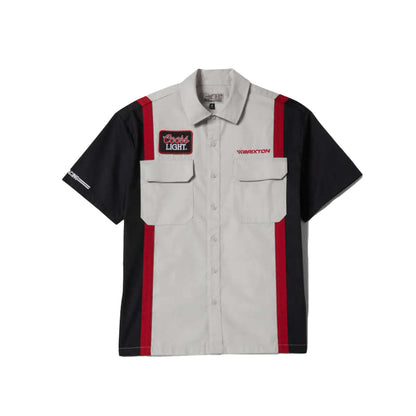 Short-sleeve work shirt with red and black accents on a white background