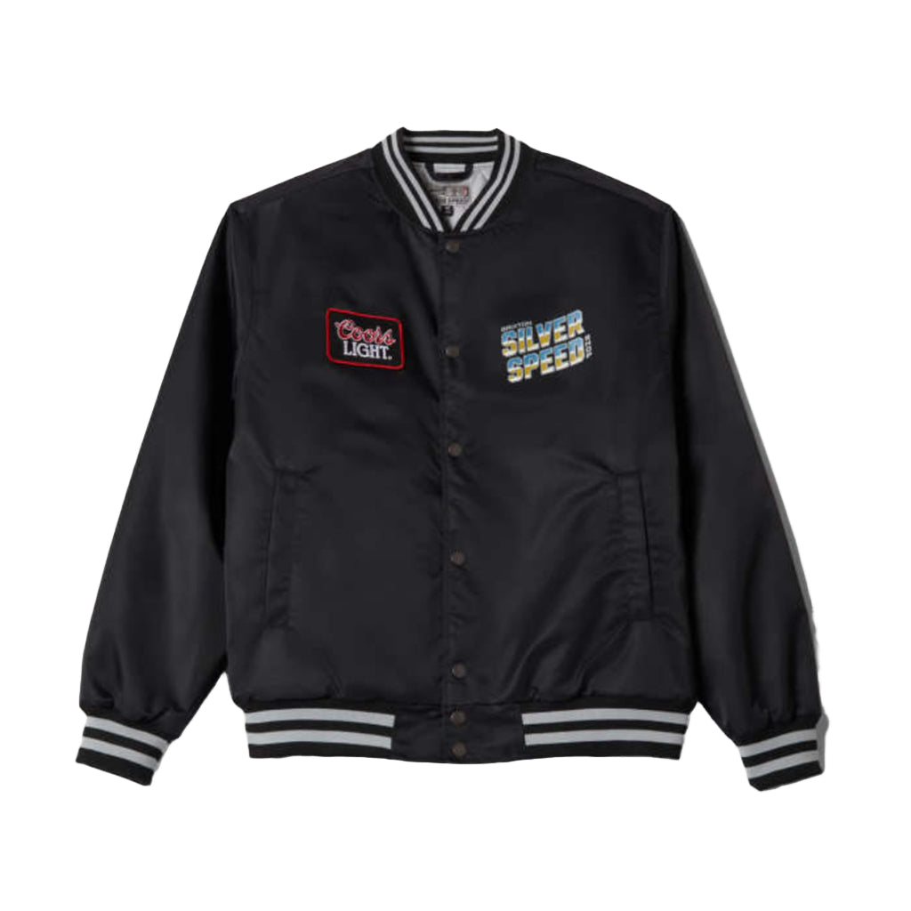 Black jacket with embroidered logos on a white background