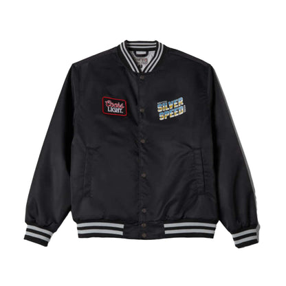 Black jacket with embroidered logos on a white background