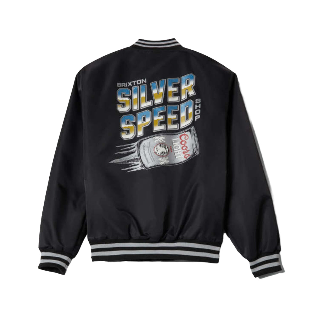 Black bomber jacket with 'Brixton Silver Speed' graphic on a white background