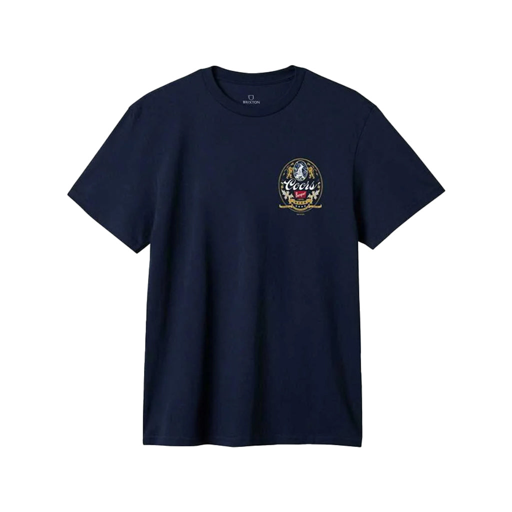 Navy blue t-shirt with a logo on the chest against a white background