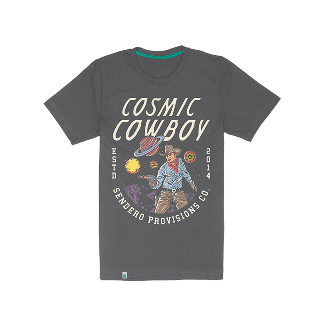 Gray t-shirt with 'Cosmic Cowboy' graphic design on a white background