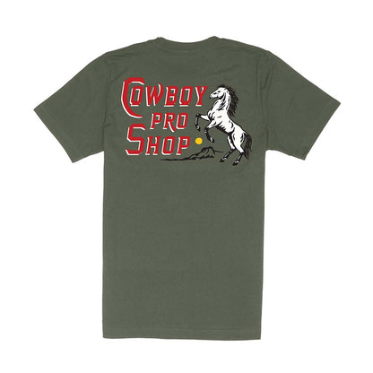 Green t-shirt with 'Cowboy Pro Shop' logo on the back against a white background