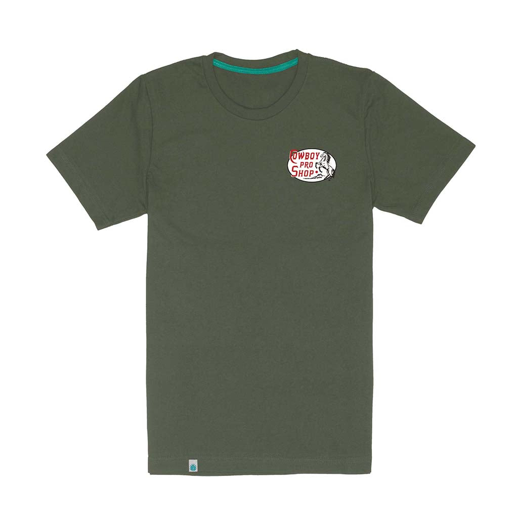 Green t-shirt with a logo on the chest against a white background