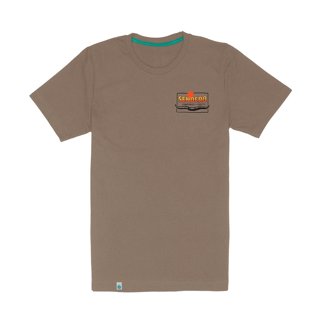 Brown t-shirt with a logo on the chest against a white background