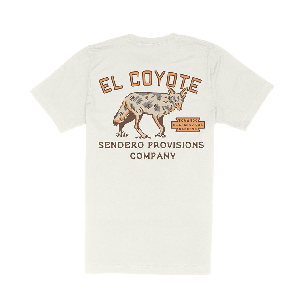 White t-shirt with 'El Coyote Sendero Provisions Company' graphic on a white background