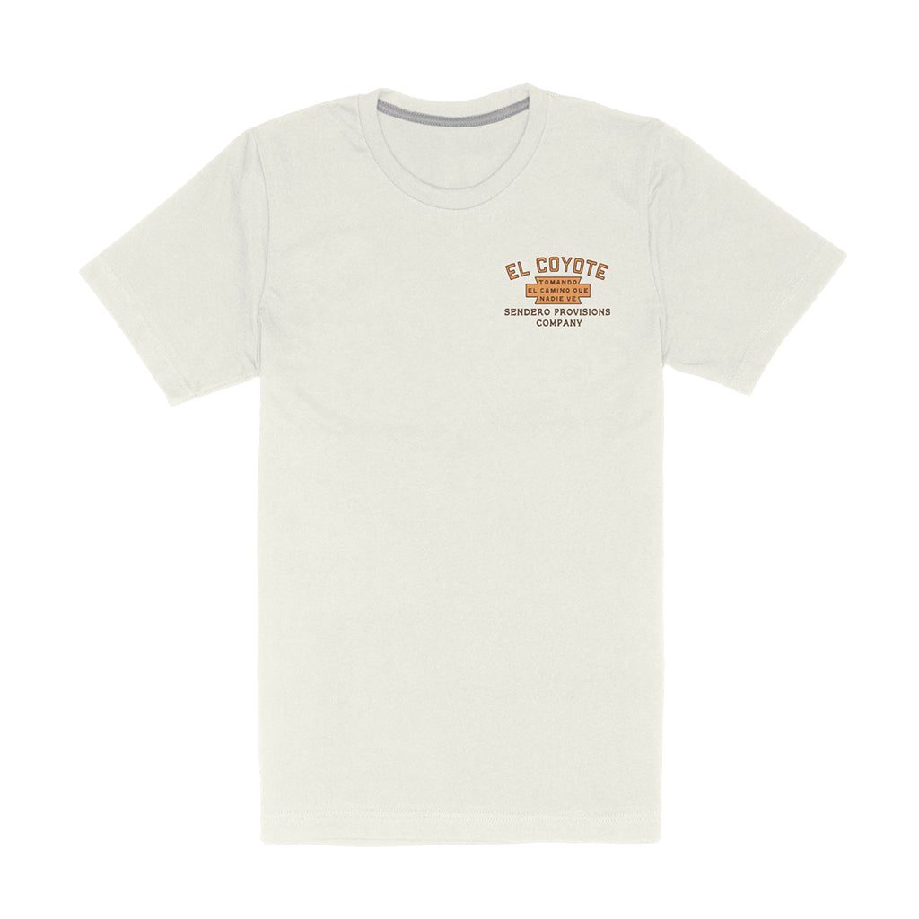 White t-shirt with 'El Coyote' logo on a white background