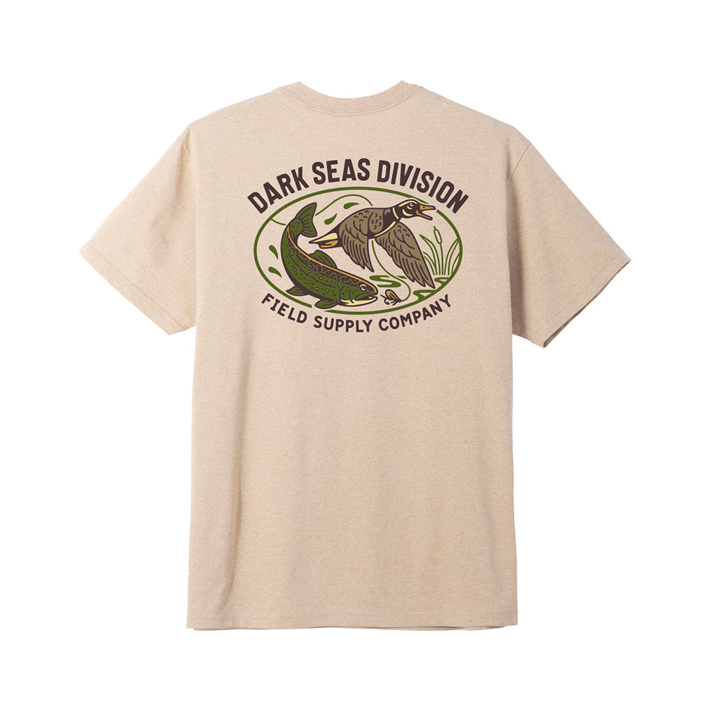 Beige t-shirt with 'Dark Seas Division' logo on the back against a white background