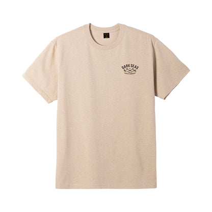 Beige t-shirt with a logo on the chest against a white background