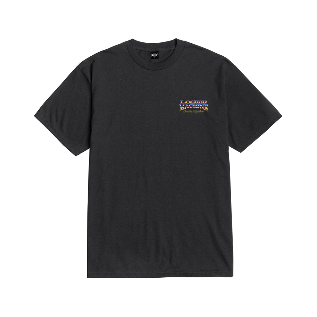 Black t-shirt with a logo on the chest against a white background