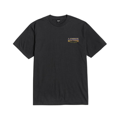 Black t-shirt with a logo on the chest against a white background