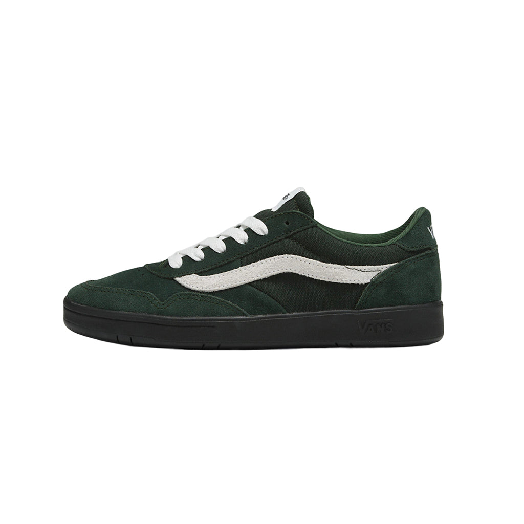 Green sneaker with white stripes on a white background