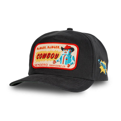 Black cap with a colorful patch featuring a cowboy graphic and text on a white background