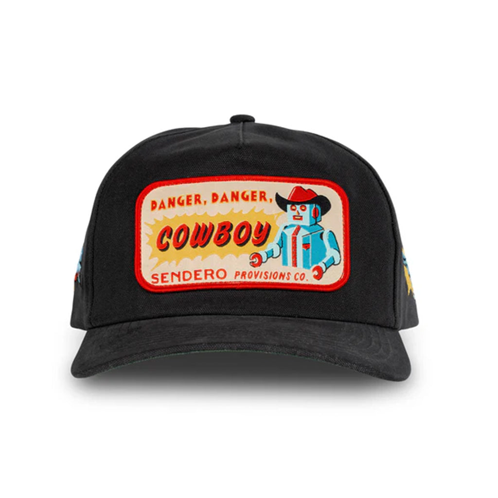 Black cap with a colorful patch featuring a cowboy graphic and text on a white background