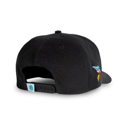 Black cap with a small embroidered design on the back against a white background