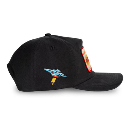 Black cap with a rocket design and brand tag on a white background
