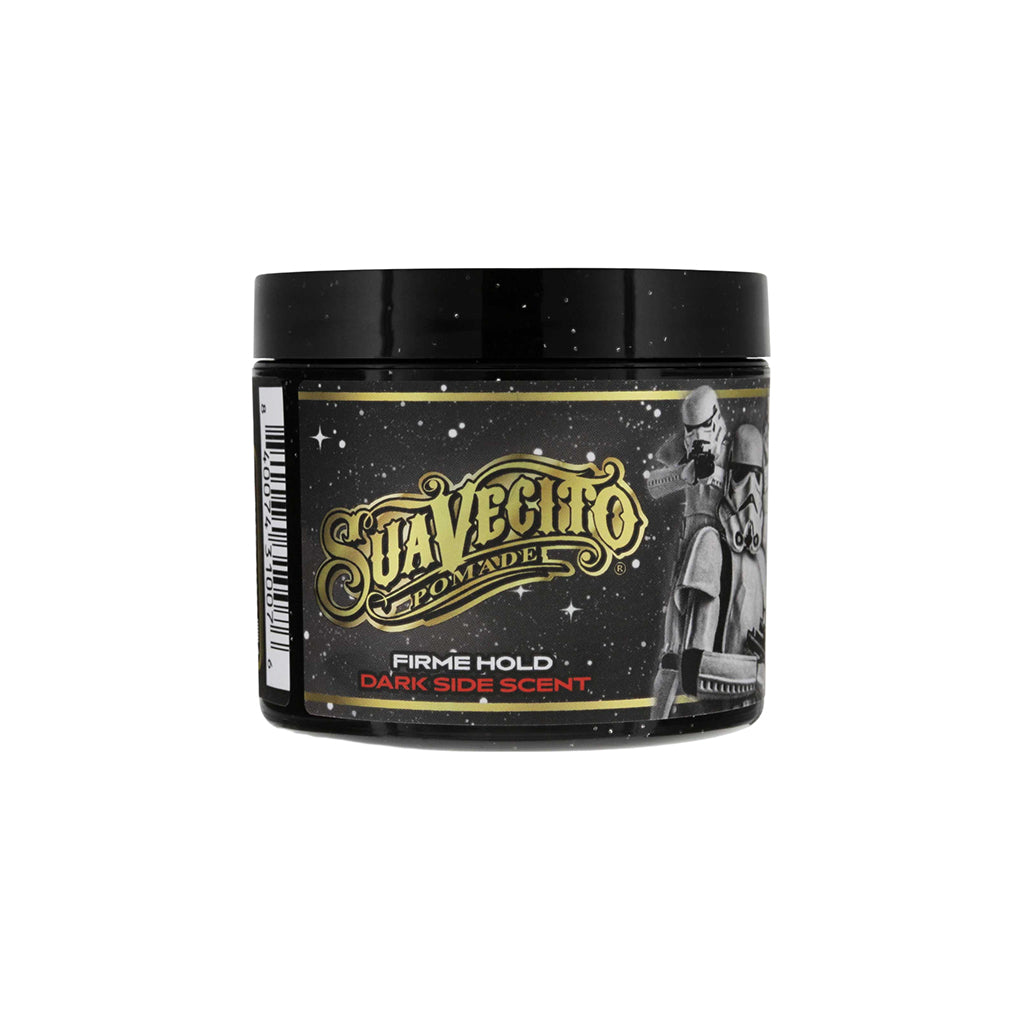 Jar of Suavecito Pomade with black lid and gold label on a white background