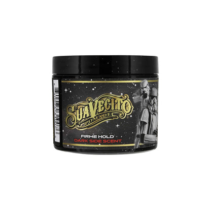 Jar of Suavecito Pomade with black lid and gold label on a white background