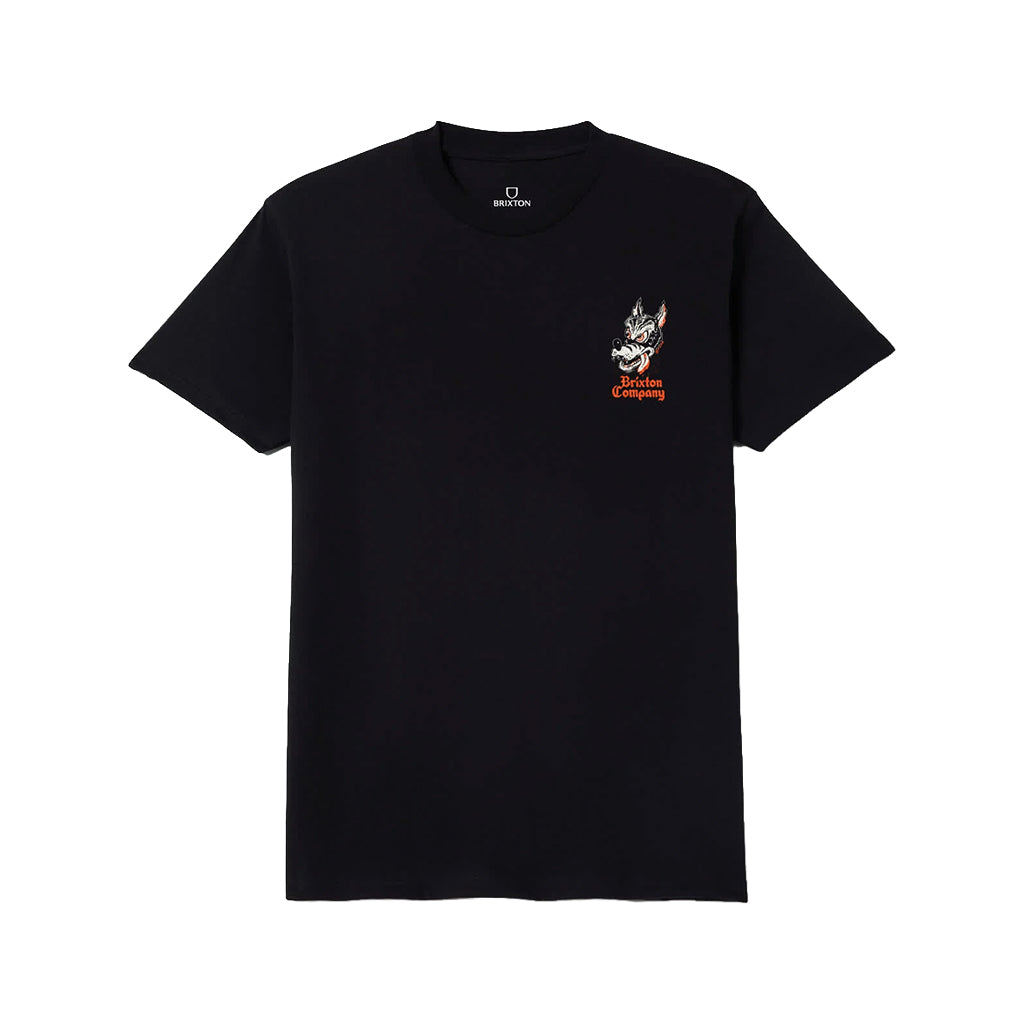 Black t-shirt with a purple logo on a light gray background