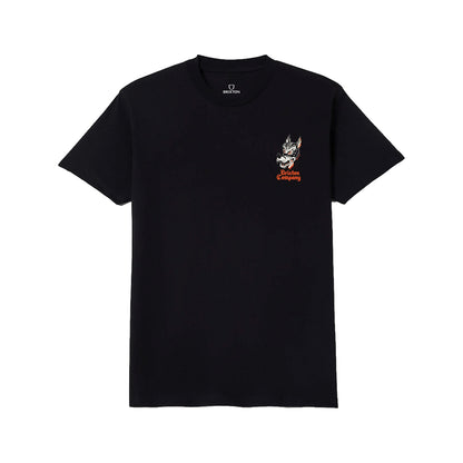 Black t-shirt with a purple logo on a light gray background