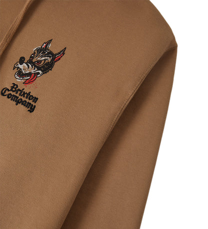 Brown fabric with embroidered logo and text on a white background