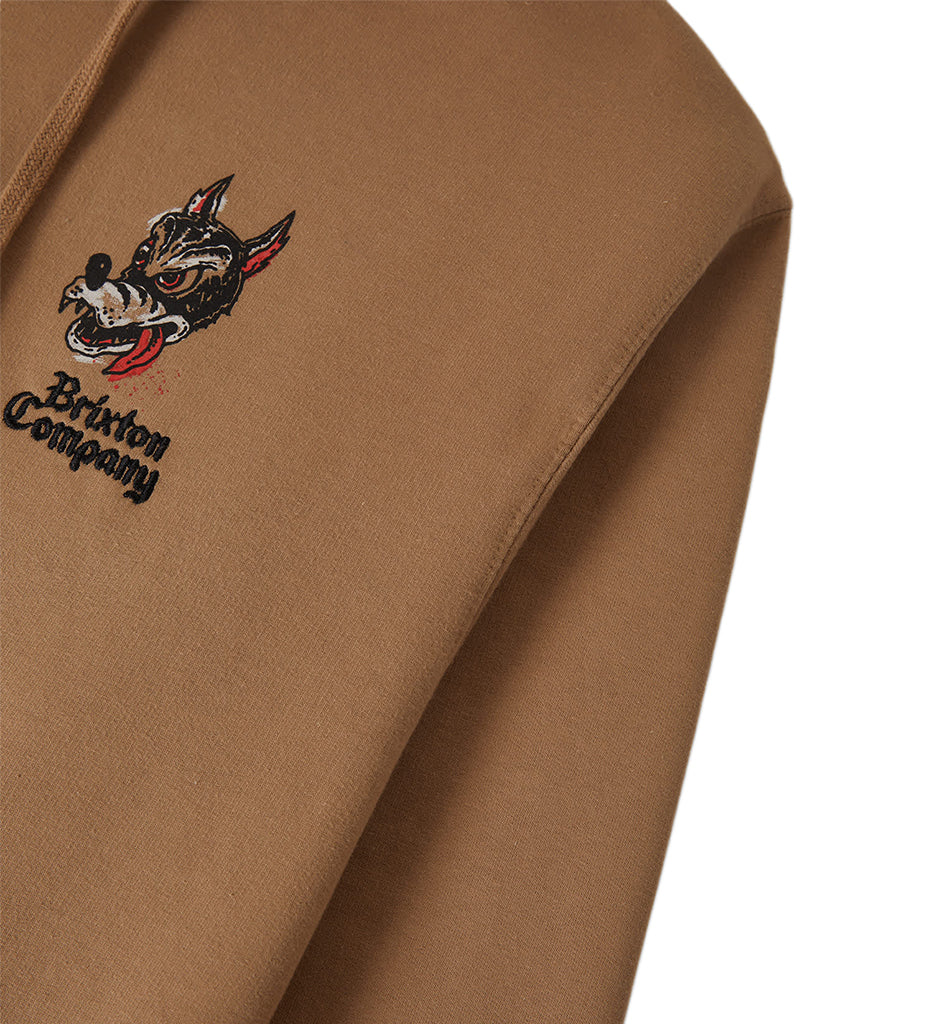 Brown fabric with embroidered logo and text on a white background