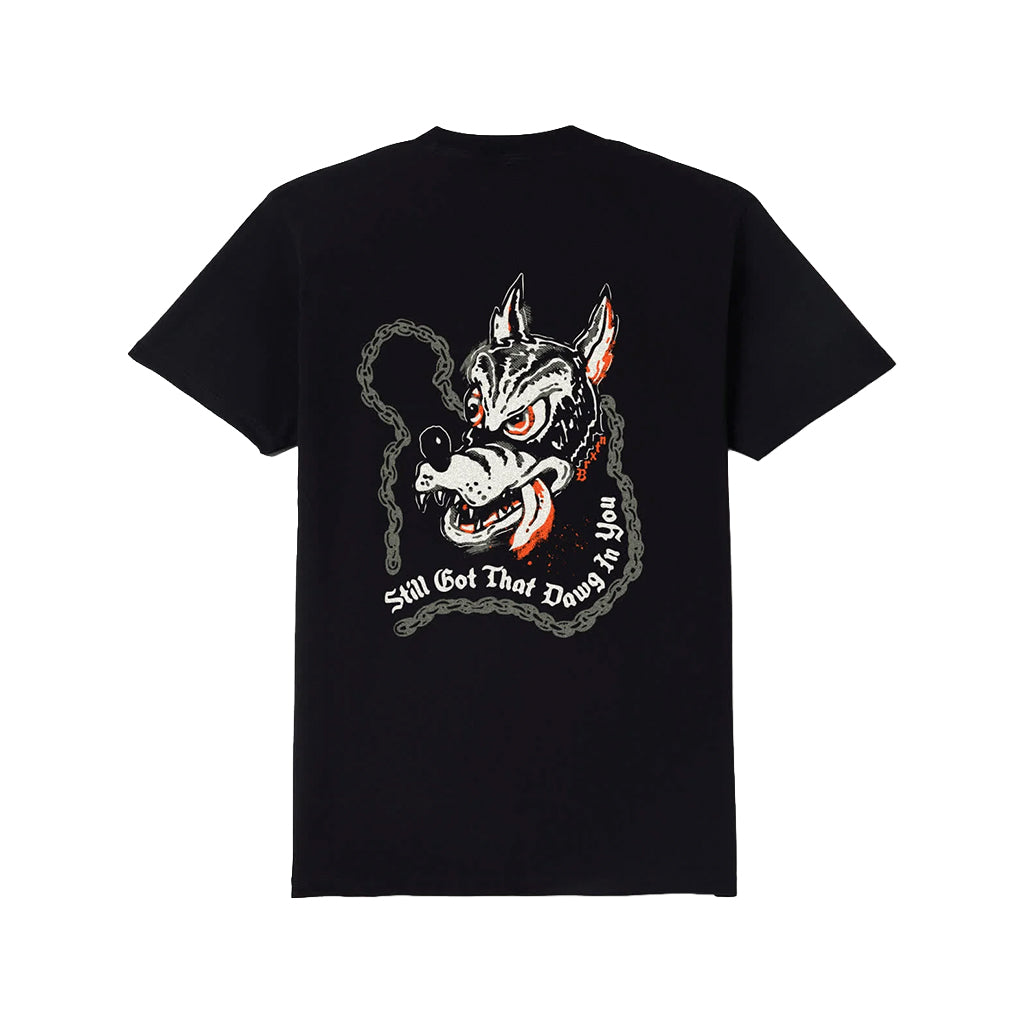 Black t-shirt with a graphic of a wolf and text on the back against a white background