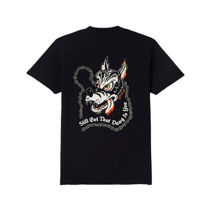 Black t-shirt with a graphic of a wolf and text on the back against a white background