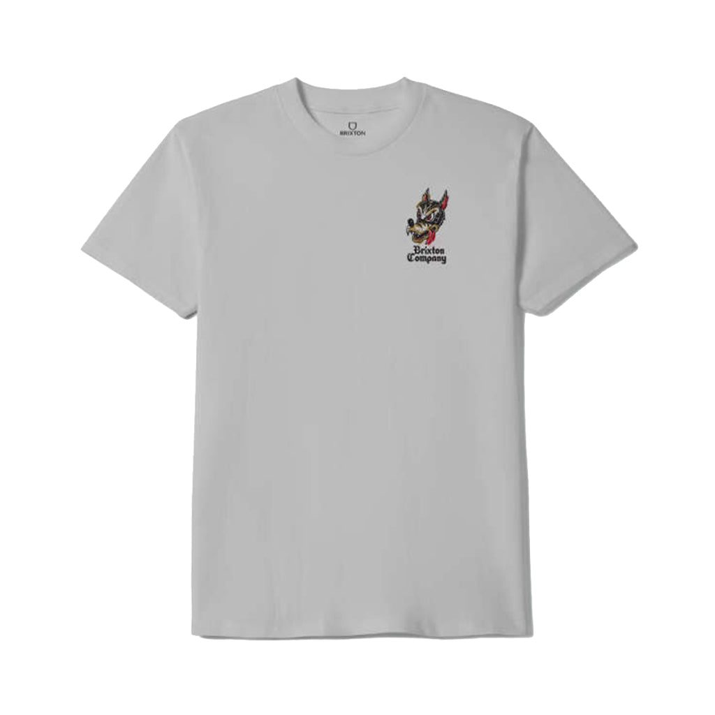 Gray t-shirt with a small logo on a white background