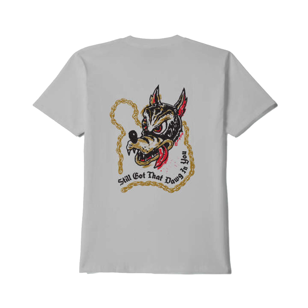 White t-shirt with a graphic design of a wolf head and text on the back, on a white background.