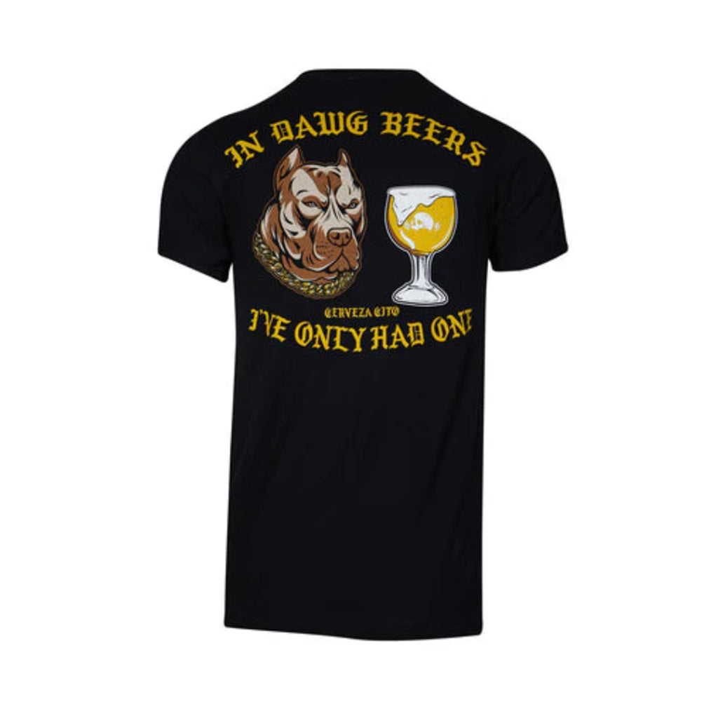 Black t-shirt with graphic design and text on a white background