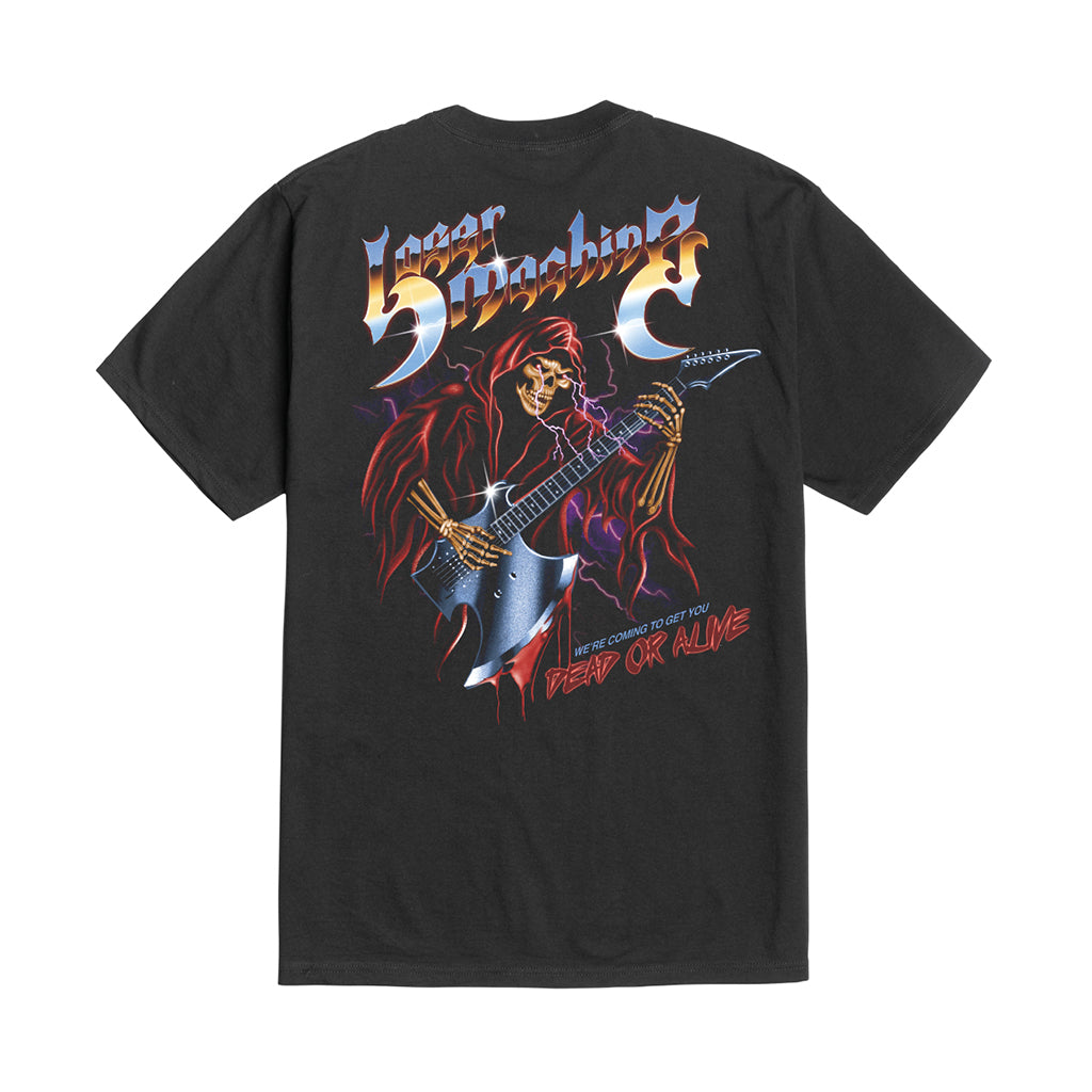 Black t-shirt with graphic design of a skeleton playing guitar and text on a white background