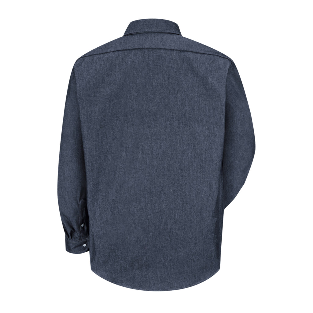 Back view of a dark blue shirt on a white background