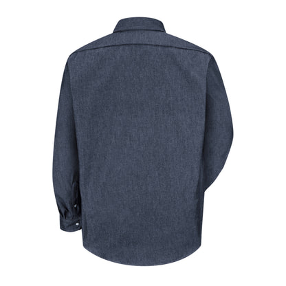 Back view of a dark blue shirt on a white background