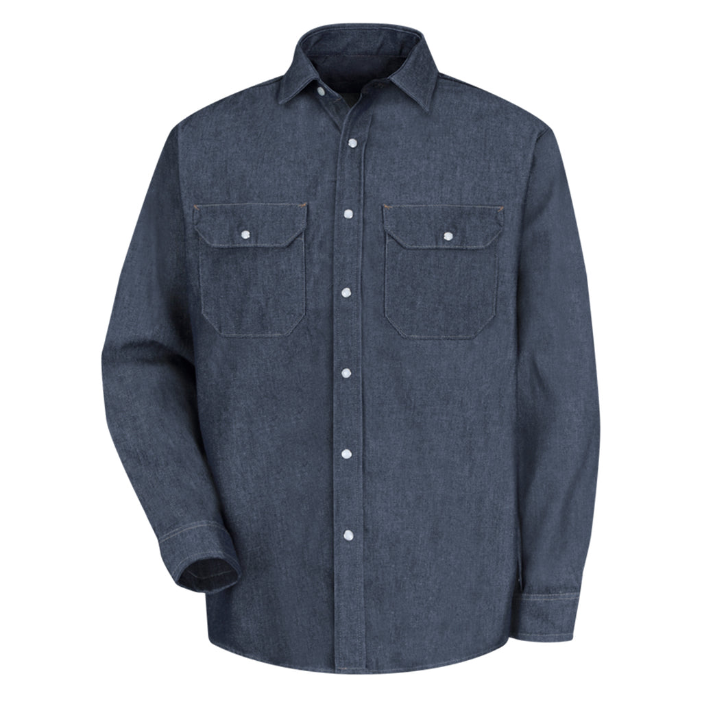 Blue denim shirt with two front pockets on a white background