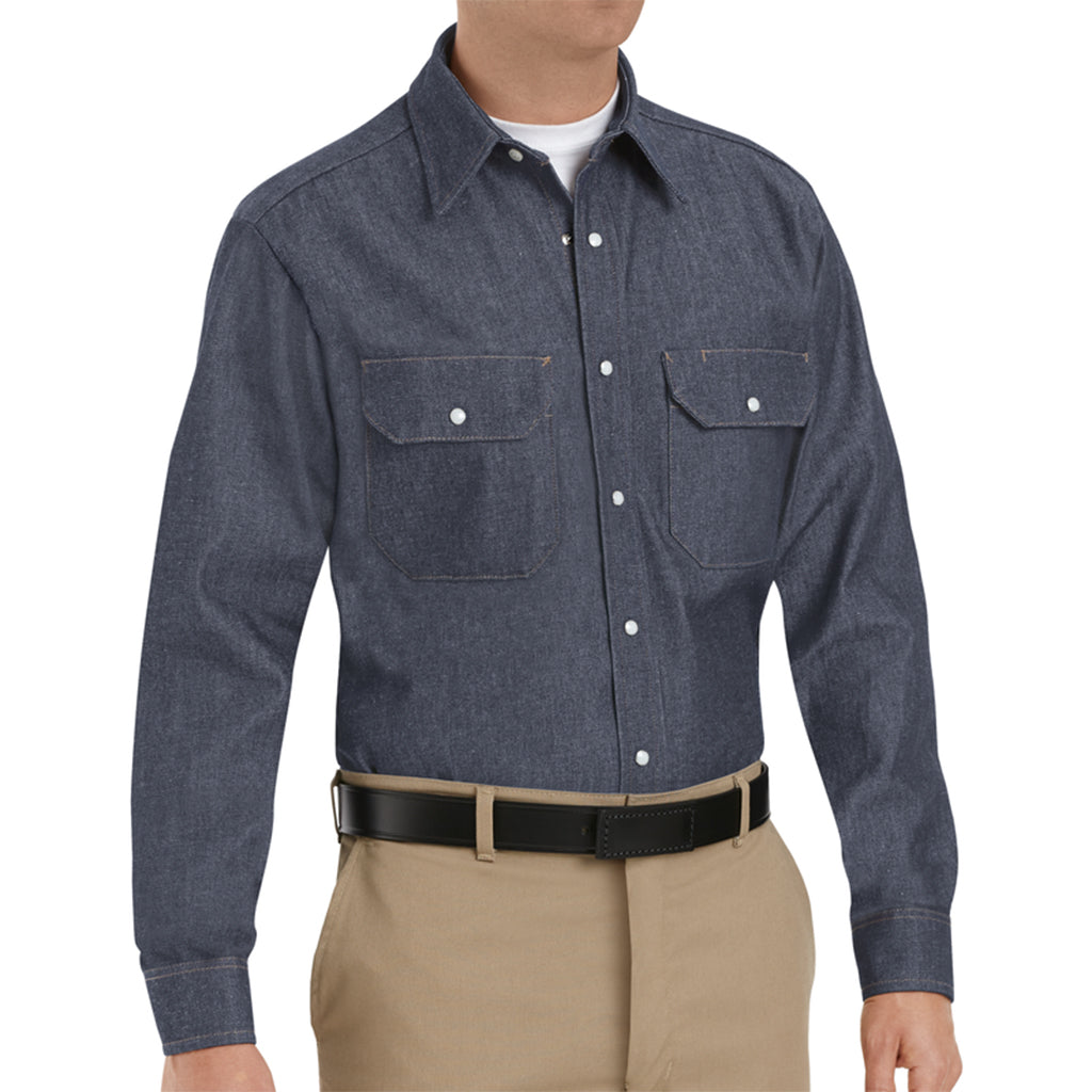 Blue denim shirt worn by a person on a white background