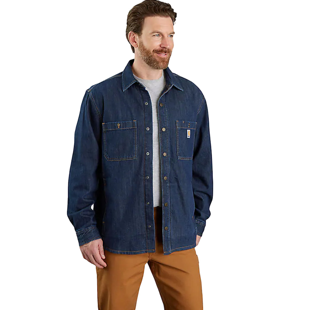 Man wearing a blue denim shirt with a white background