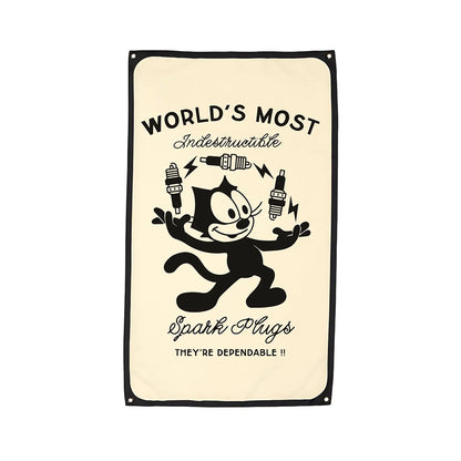 Vintage-style sign with cartoon cat and text about spark plugs on a beige background