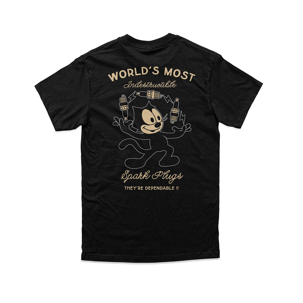 Felix the Cat juggling spark plugs on a black tee 