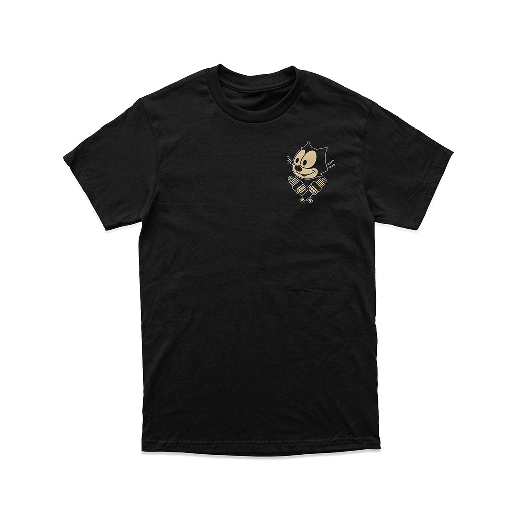 Black t-shirt with a small graphic on the chest against a white background