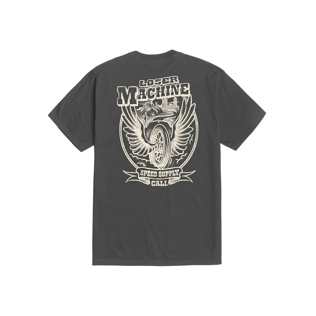 Black t-shirt with white graphic design on a white background